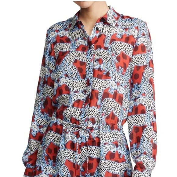 PARKER Silk Leopard Anamalia Print Blouson Mini Dress with Pockets - Size 14 - Picture 1 of 11